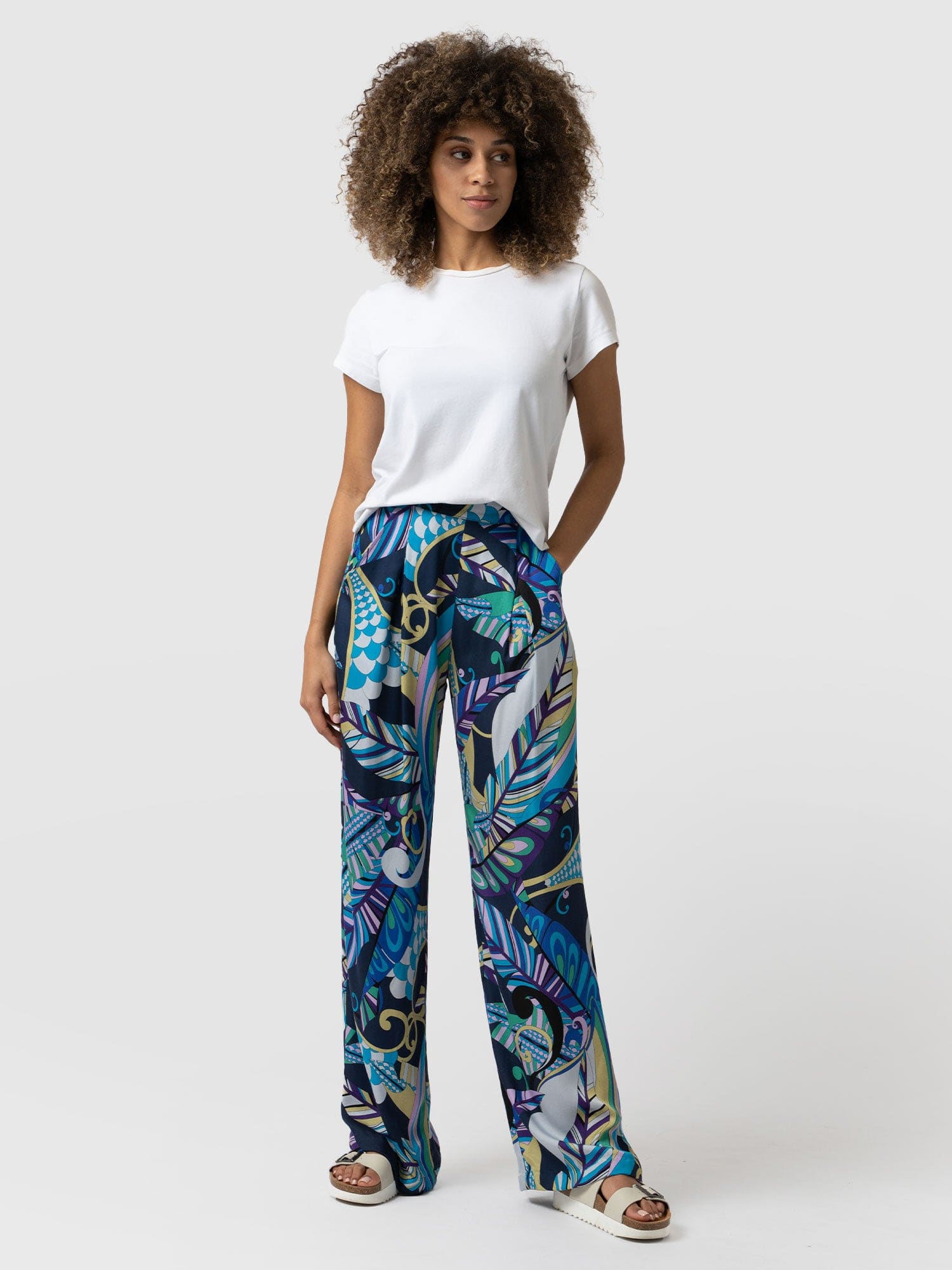 Rowan Wide Leg Pant Blue Palm - Women's Trousers | Saint + Sofia® UK